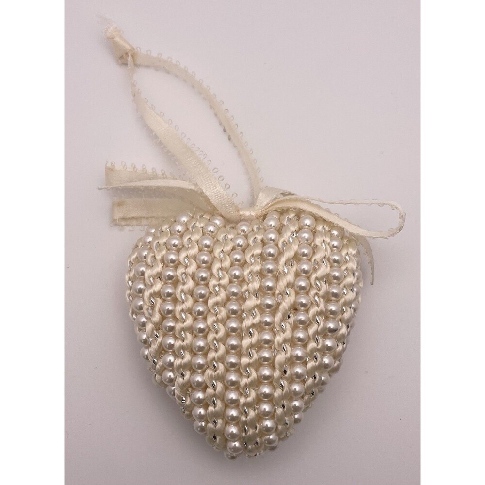 Vintage Off White Faux Pearl And Ribbon Heart Christmas Ornament